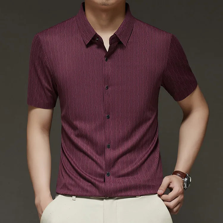 Men's Slim Fit Short Sleeve Dress Shirt Premium Spandex Stretch Fabric Solid Colors Business Casual