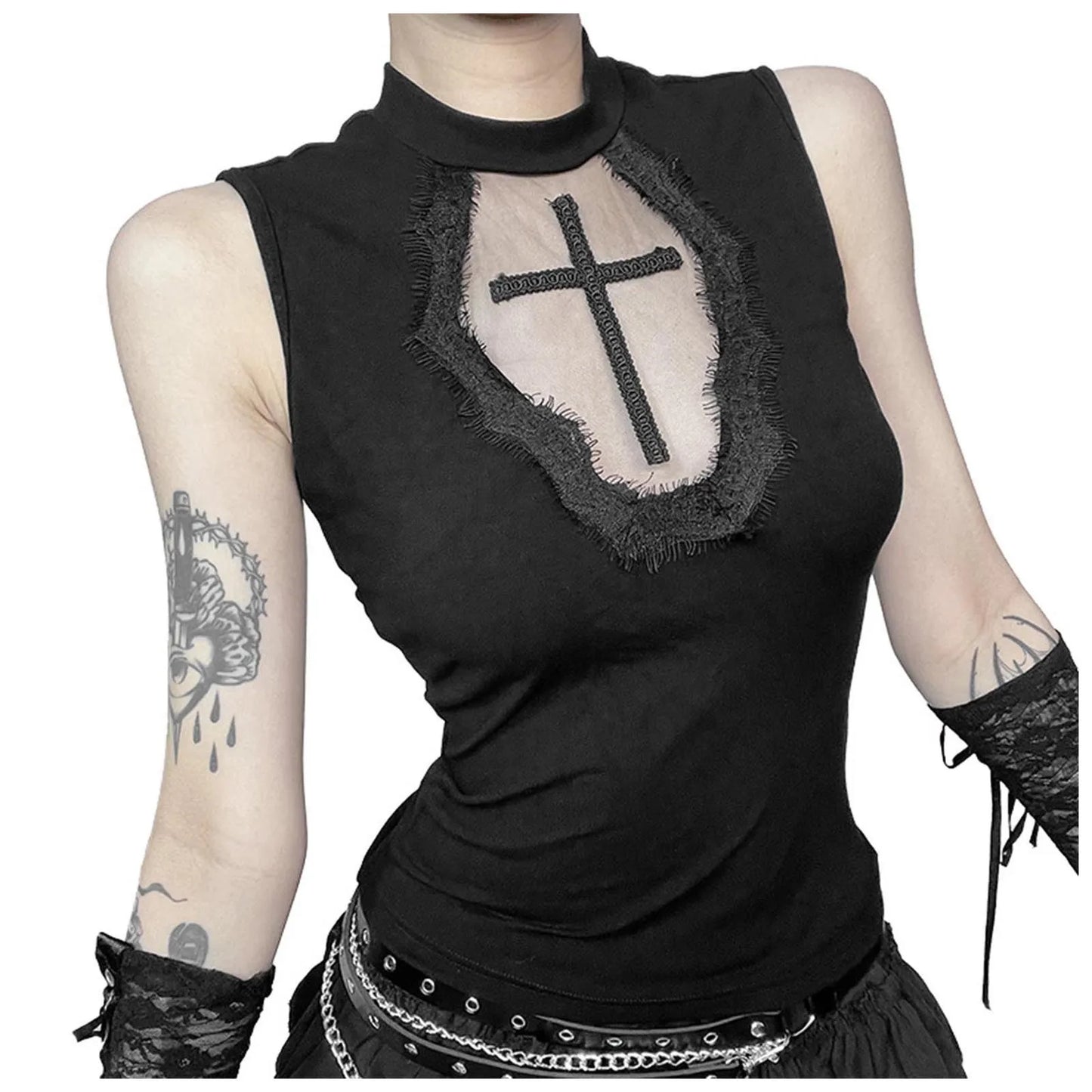 Goth Cross Print Lace Crop Top Camis Black Red Basic Corset Tank Black / S / United States Black / L / United States