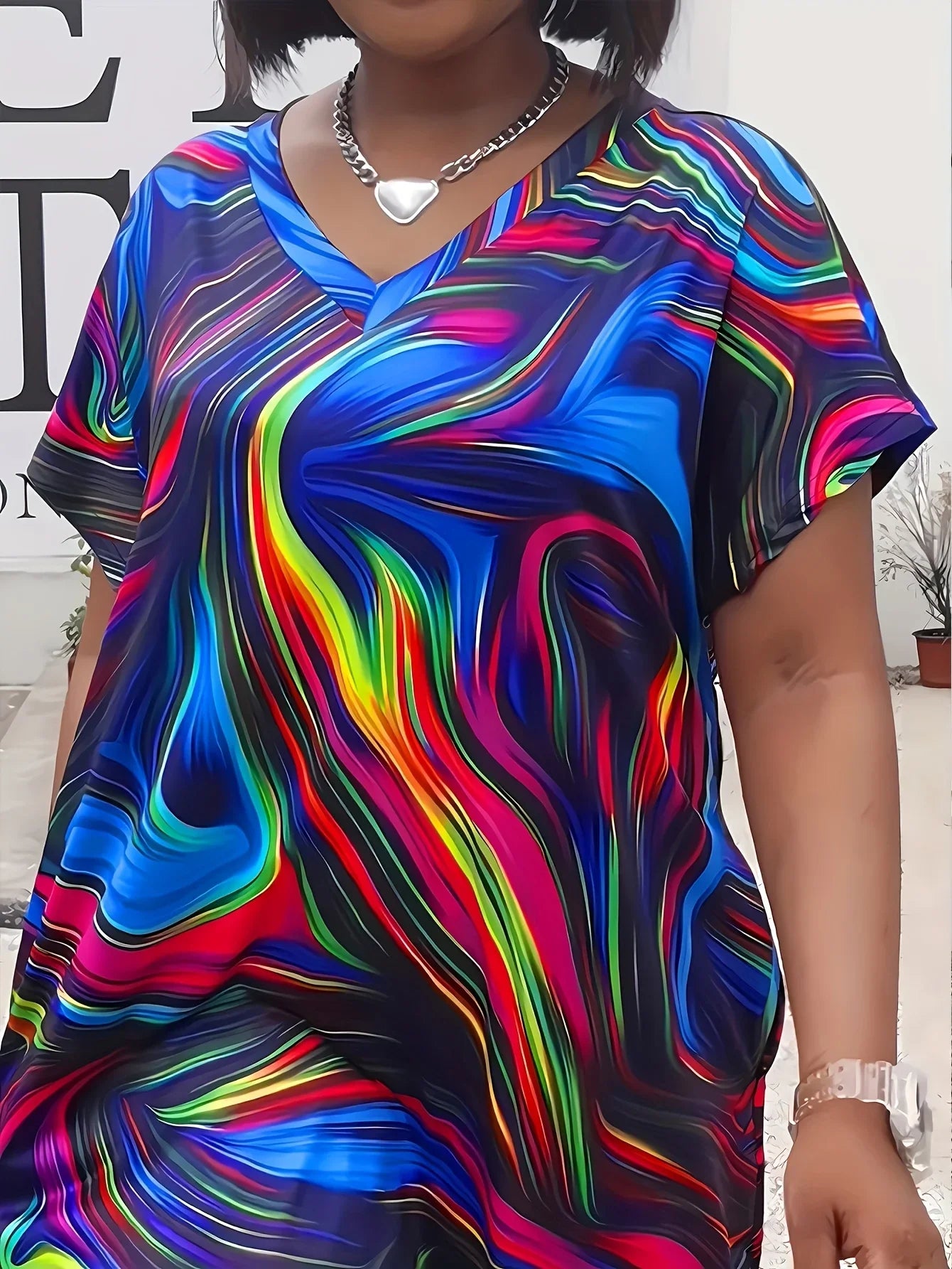 Multicolor Casual Print Patchwork V Neck Short Sleeve Dress