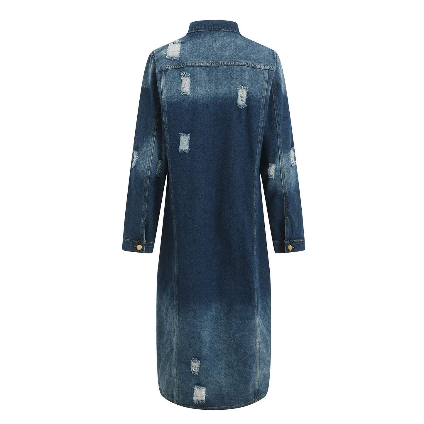 Ripped Holes Maxi Long Denim Jacket Trench Coat Plus Size Casual Denim Jacket
