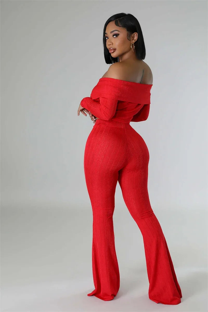 Knitted Two Piece Set Off Shoulder Slash Neck Crop Top and Flare Pants Set