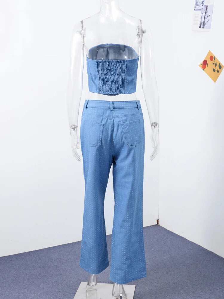 Rhinestone Denim Set Corset Shaping Crop Top Matching Slim Fit Jeans Party Clubwear Nightclub Cowgirl Style