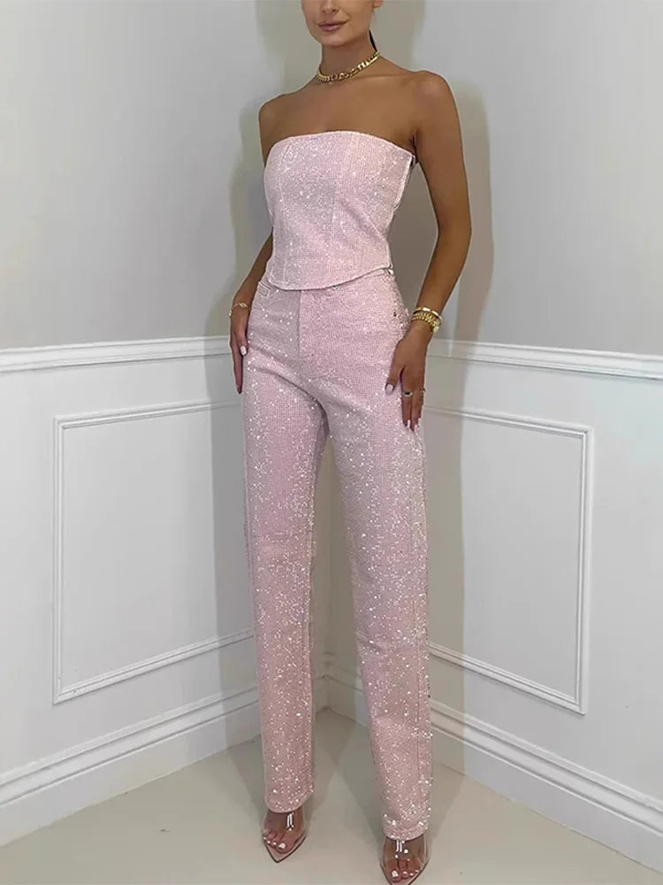 Diamond Vest Jeans Set For Women Sleveless Tube Tops High Waist Pocket Denim