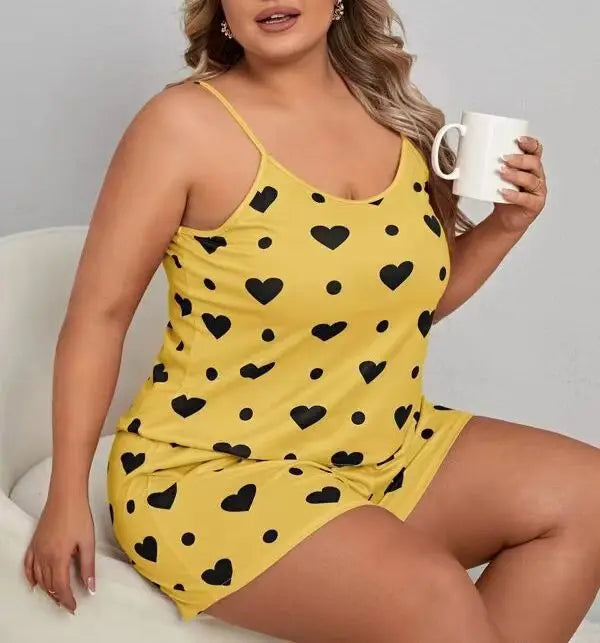 Plus Size Heart Print Women Pajama Set Sleeveless O Neck Crop Top & Elastic Waist Shorts 2 Pieces Female Sleepwear Nightwear