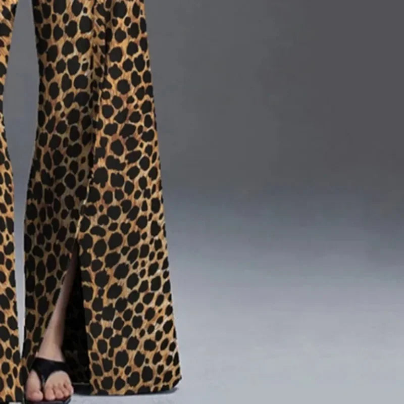 Women High Street Leopard Printed Pants Casual Loose Split-Front High-Waist Wide Leg