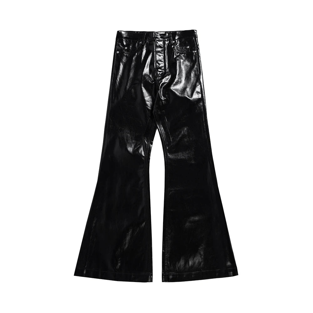 High Street Wide Leg Glossy Leather Pants Sashes Boot Cut Men and Women Straight Baggy Casual Jeans Oversized Flared Trousers