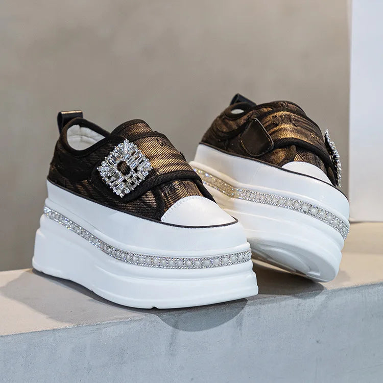 Denim Platform Wedge Genuine Leather Casual Comfy High Brand Chunky Sneakers Hidden Heels Shoes