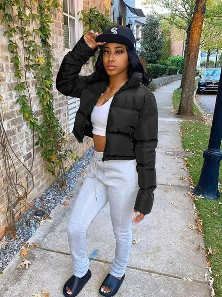 Women's Winter Cropped Puffer Jacket Long Sleeve Full Zip Lightweight Warm Quilted Down Coats