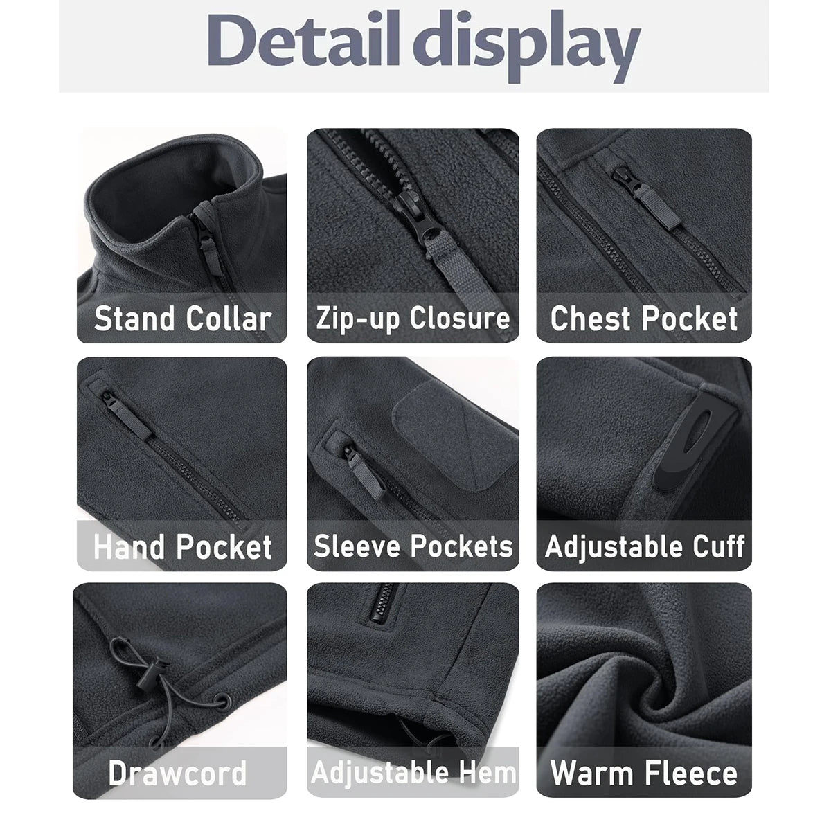 Men's Fleece Jacket Soft Warmth Windproof Full Zip Up Coat Multiple Zipper Pockets Hiking Working Outdoors Windbreaker