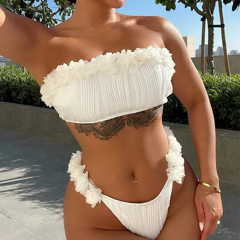 Lace Ruffle Strapless Backless Bikini Set White High Waist Swimwear