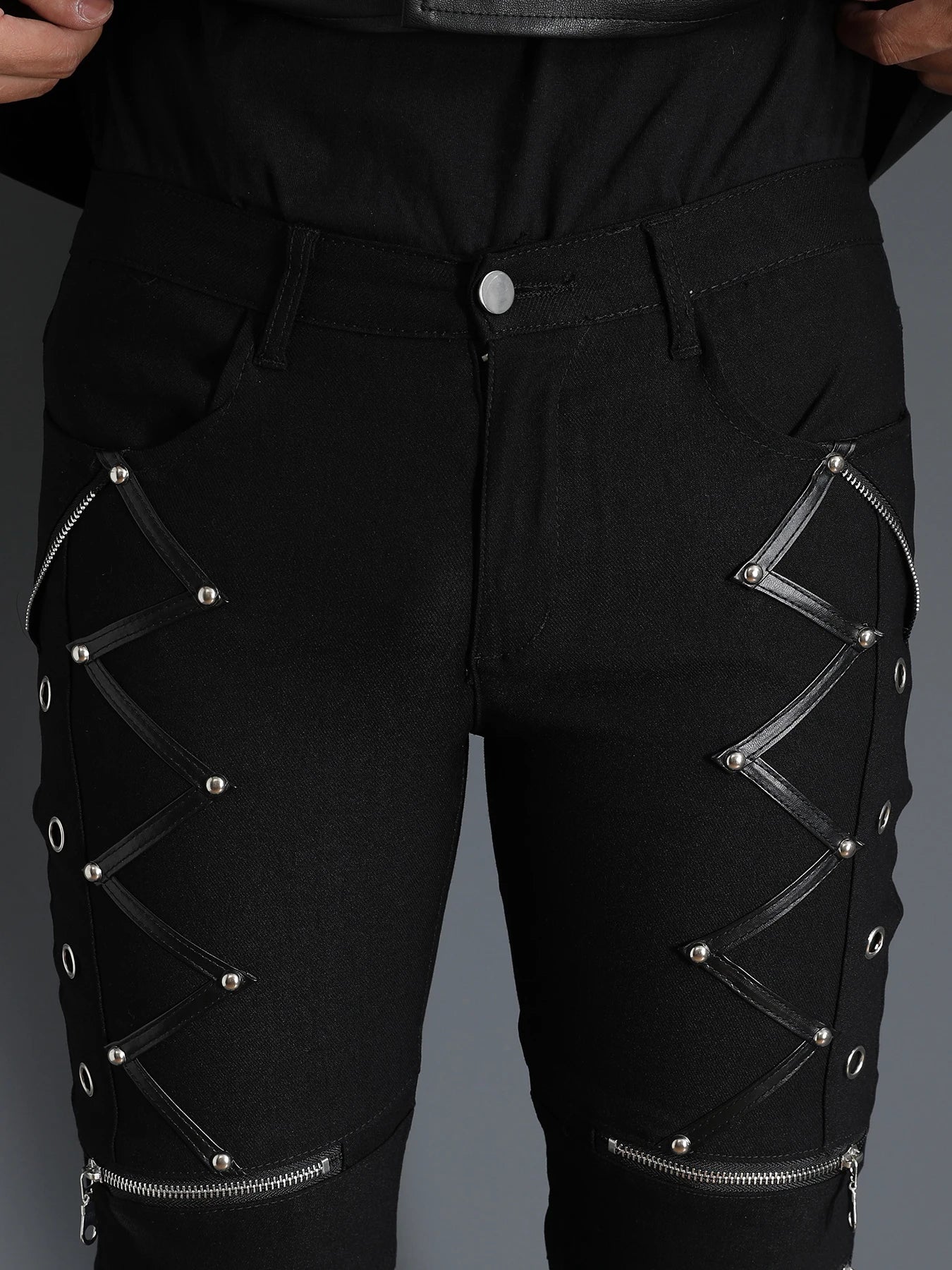 Men's Motorcycle Gothic Steampunk Zippers studded Rivet Elastic Stretchy Denim Jeans Biker Pants