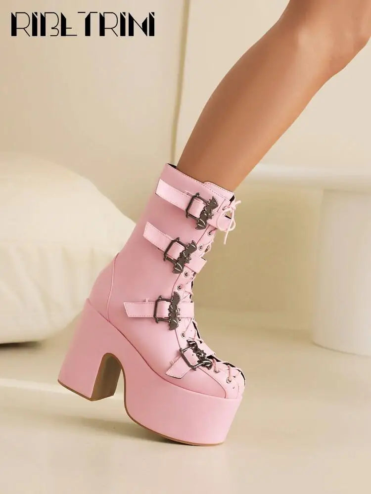 Goth Women Motorcycle Boots Block High Heels Platform Cool Street Boots