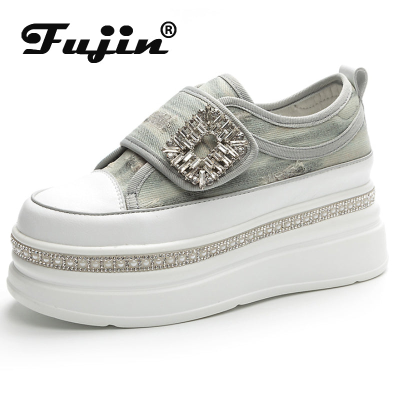 Denim Platform Wedge Genuine Leather Casual Comfy High Brand Chunky Sneakers Hidden Heels Shoes