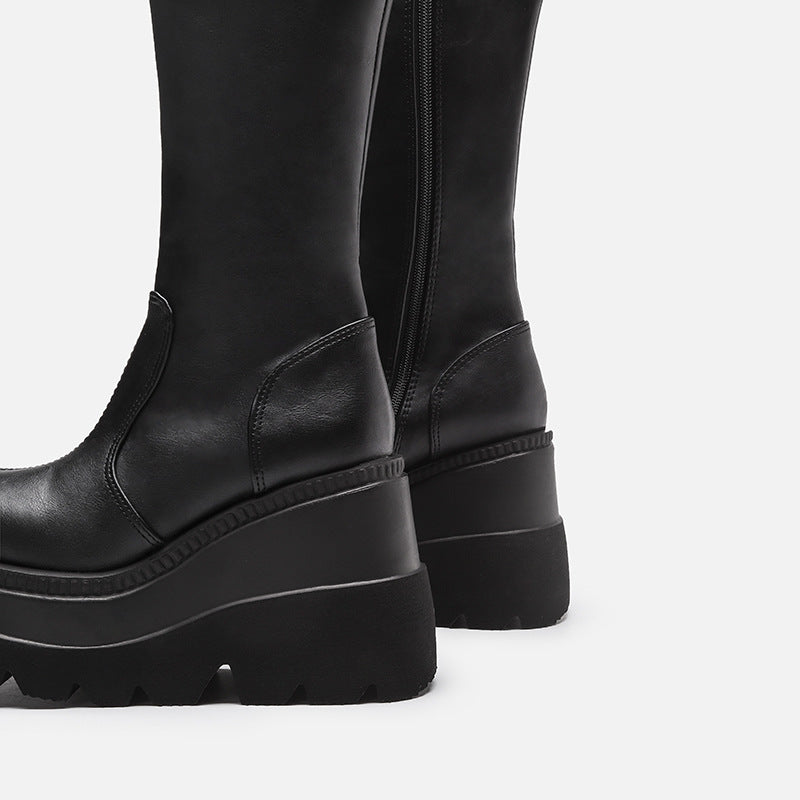 Wedge-heeled Mid-tube Boots Ladies Gothic Style Thick-soled Motorcycle Boots