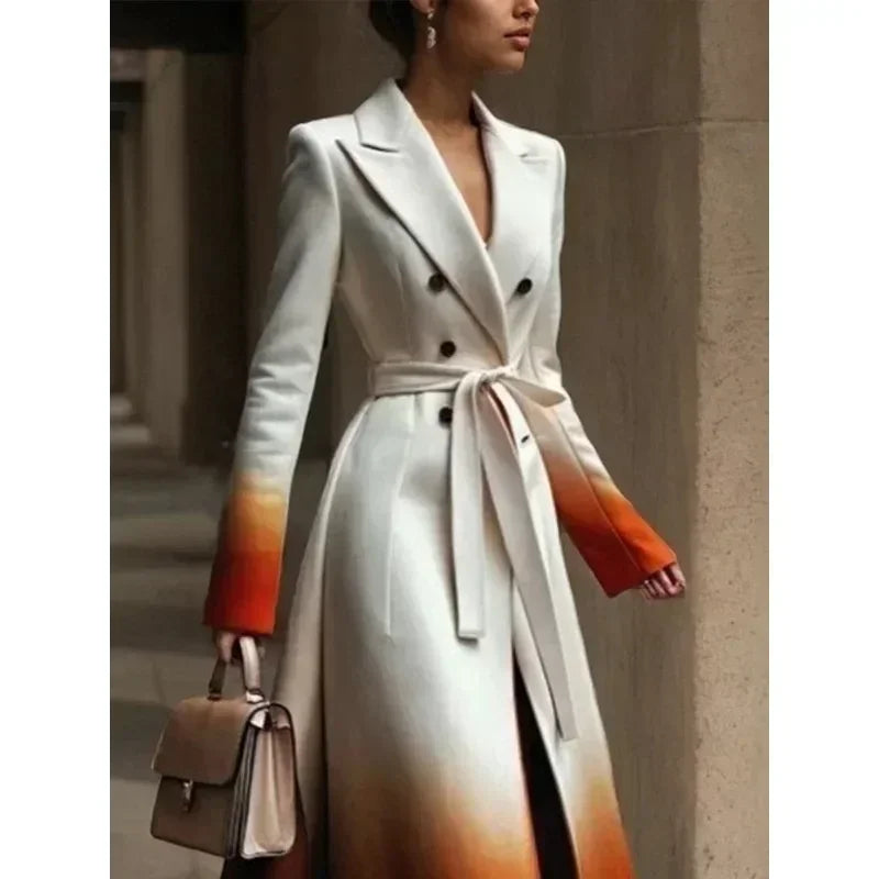 Warm Woolen Coats Long Sleeves Tied Waist Notched Collar Elegant Outerwear