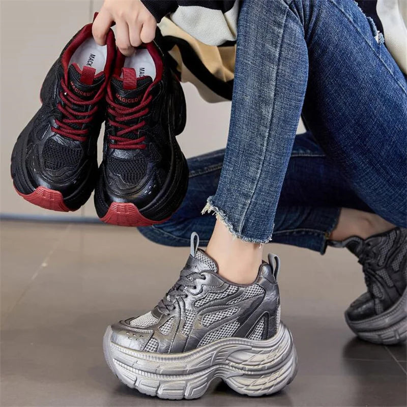Genuine Leather Vulcanize Comfort Chunky Sneaker Loafer High Brand Platform Shoes