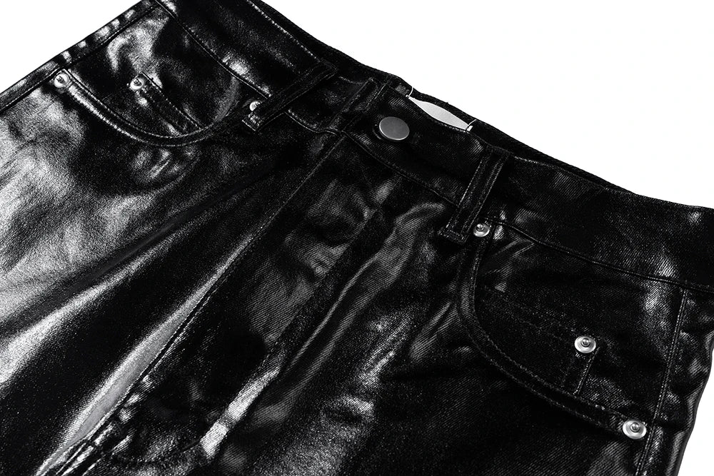 High Street Wide Leg Glossy Leather Pants Sashes Boot Cut Men and Women Straight Baggy Casual Jeans Oversized Flared Trousers