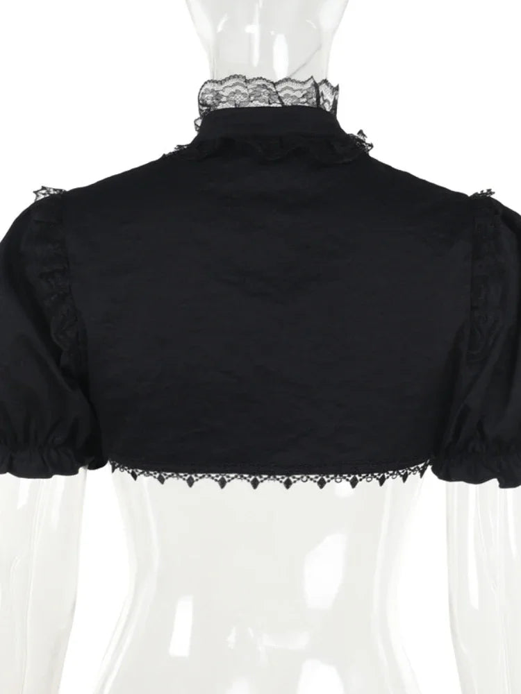 Vintage Gothic Smock Women Elegant Cute Lace Patchwork Puff Sleeve Crop Tops Aesthetic Fairy