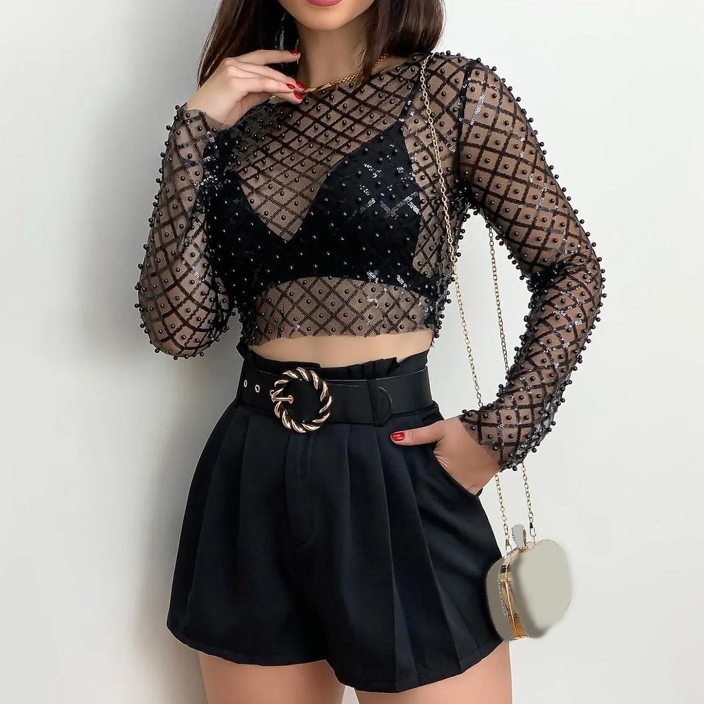 Long Sleeved Top T Shirt Mesh Pinned Bead Sequined Transparent Cover Up