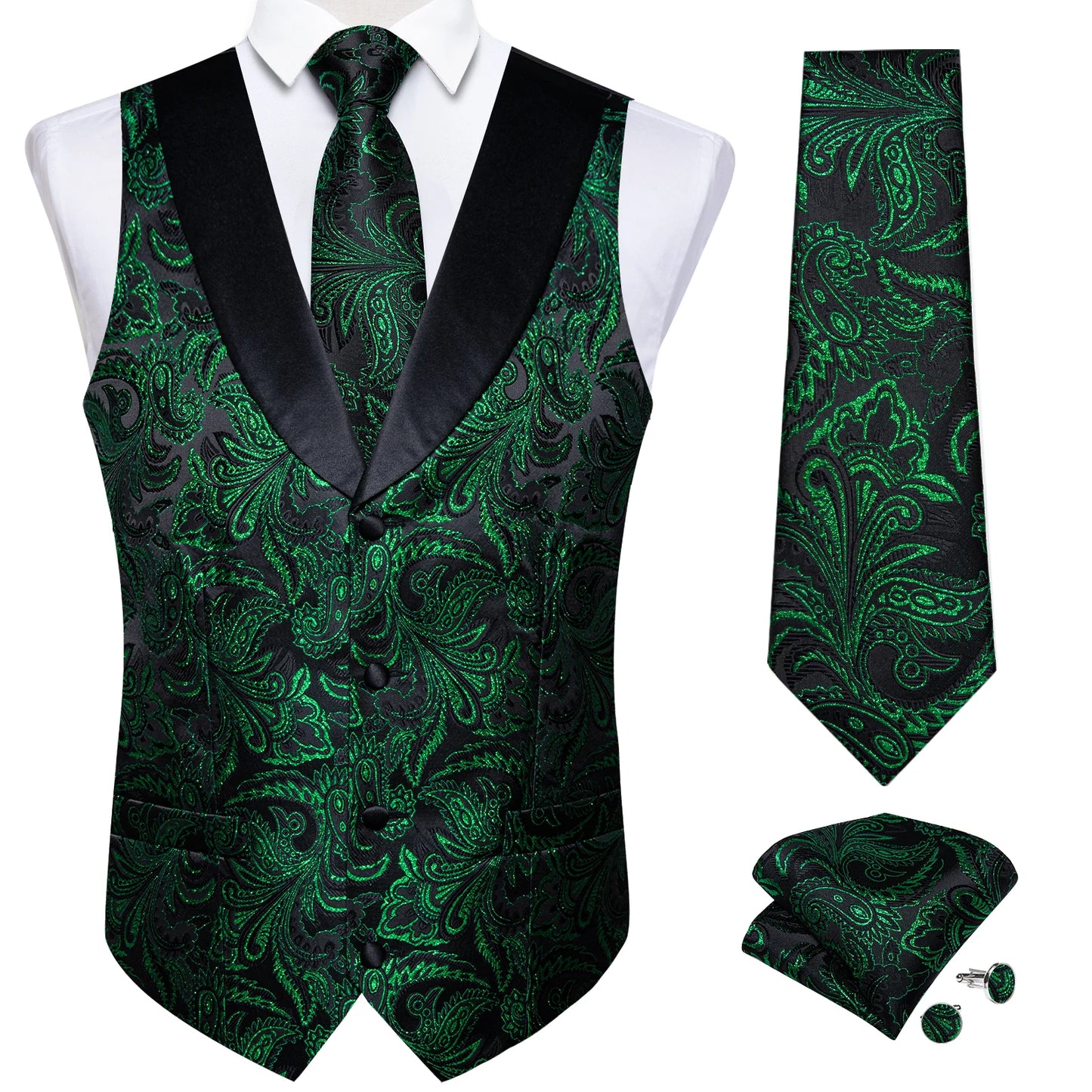 Men's Paisley Silk Suit Vest with Macthing Golden Paisley Neck Tie Handkerchief Cufflinks Wedding Prom Tuxedo Waistcoat