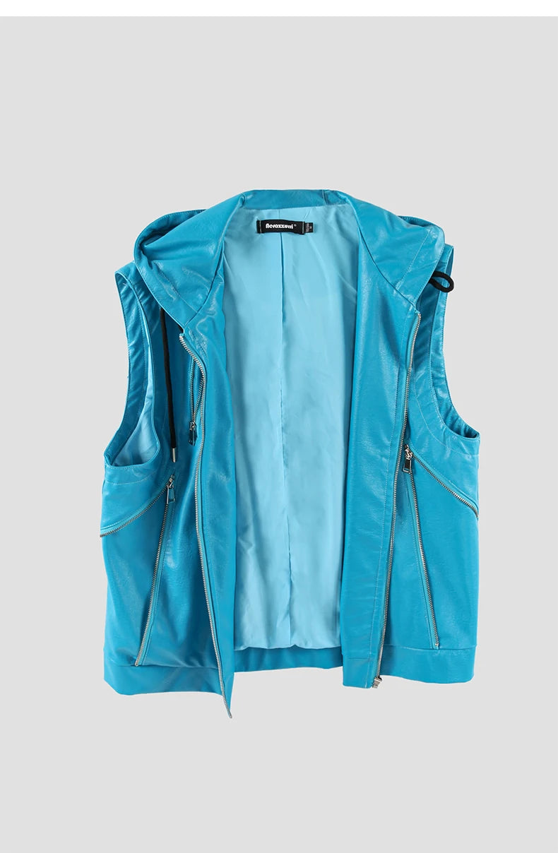 Mauroicardi Spring Autumn Luxury Elegant Cool Black Pu Leather Vest for Men with Hood Zipper Sleeveless Jacket Men Clothing 2023