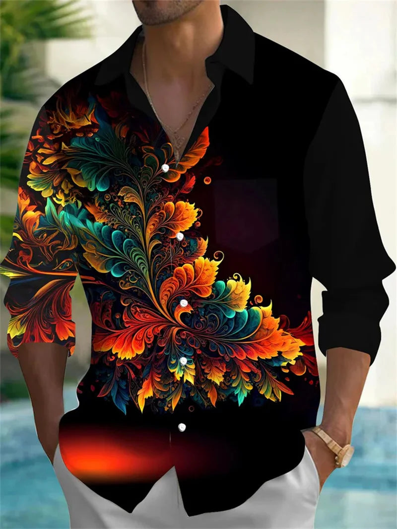 Flower pattern casual shirt men's long sleeved design oversized