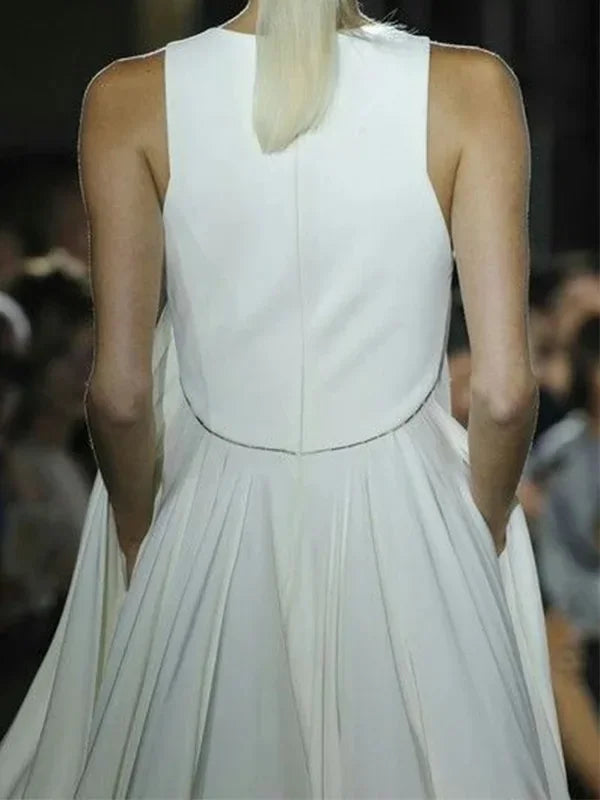 White Long Dress Summer Sleeveless Solid Color Round-Neck Pleated Elegant Evening Maxi Dress