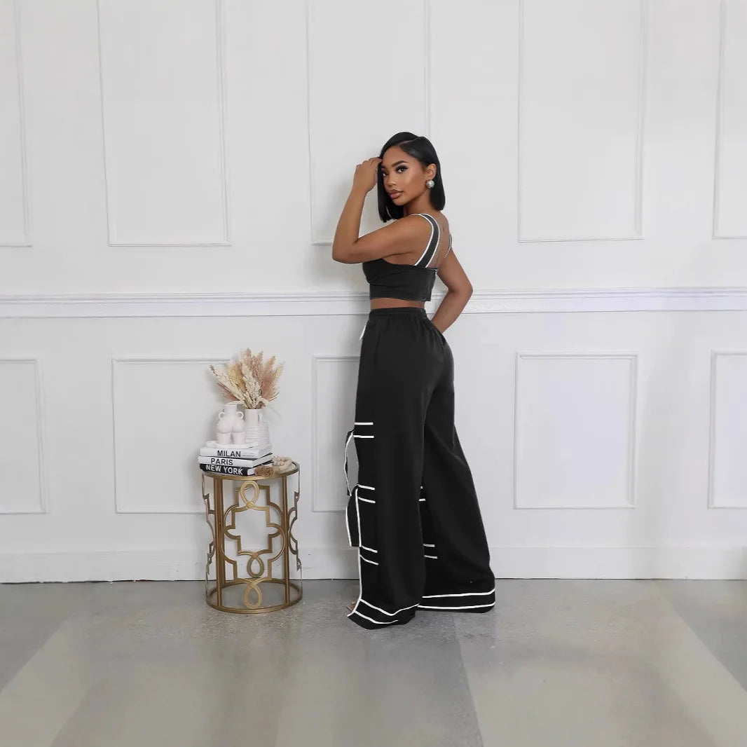Striped Patchwork Bowknot Split Wide Leg Jogger Trousers