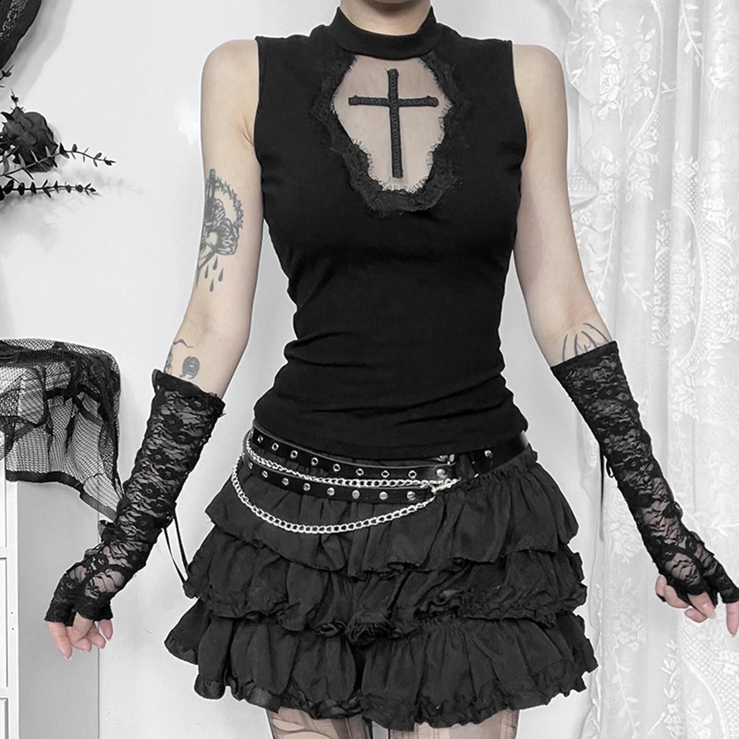 Goth Cross Print Lace Crop Top Camis Black Red Basic Corset Tank Black / S / United States Black / L / United States