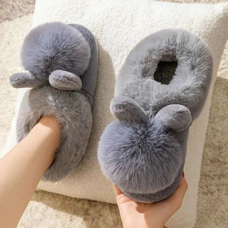 Fluffy Snow Boots Winter Warm Rabbit Ears Thick Bottom Cotton Shoes Anti Slip Solid Color grey A