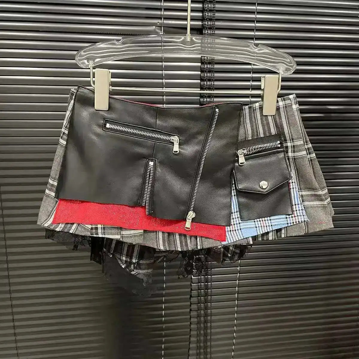 Women's Patchwork Plaid Design Pleated Mini Skirt High Waist A-line Skirt