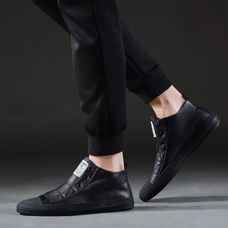 Genuine Leather Shoes Men High top Fashion Sneakers Flat Brand Black White Shoes