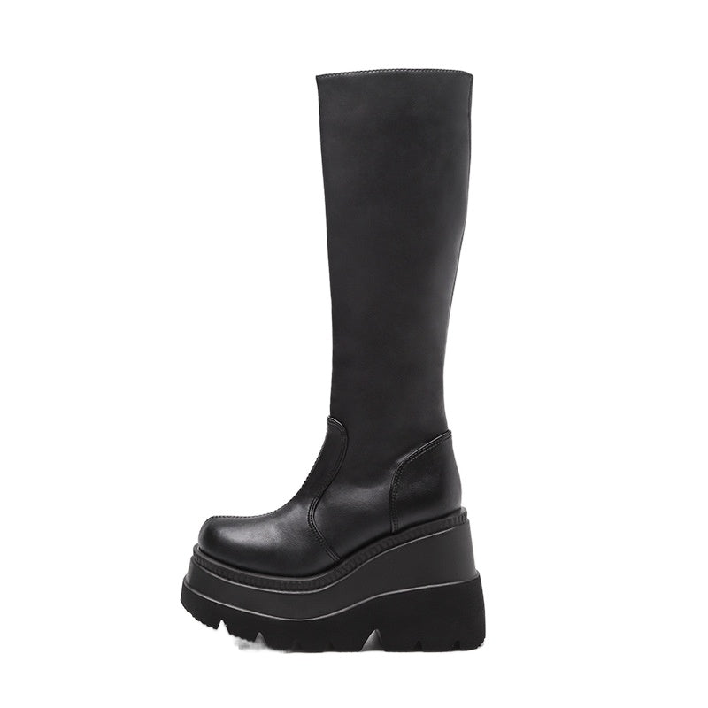 Wedge-heeled Mid-tube Boots Ladies Gothic Style Thick-soled Motorcycle Boots