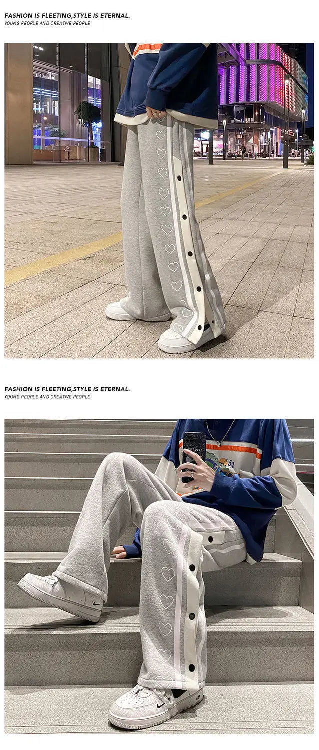 Harajuku Wide leg Sweatpants Oversize Men Side Button Baggy Pants Casual Sport Split Basketball Women Track Trousers