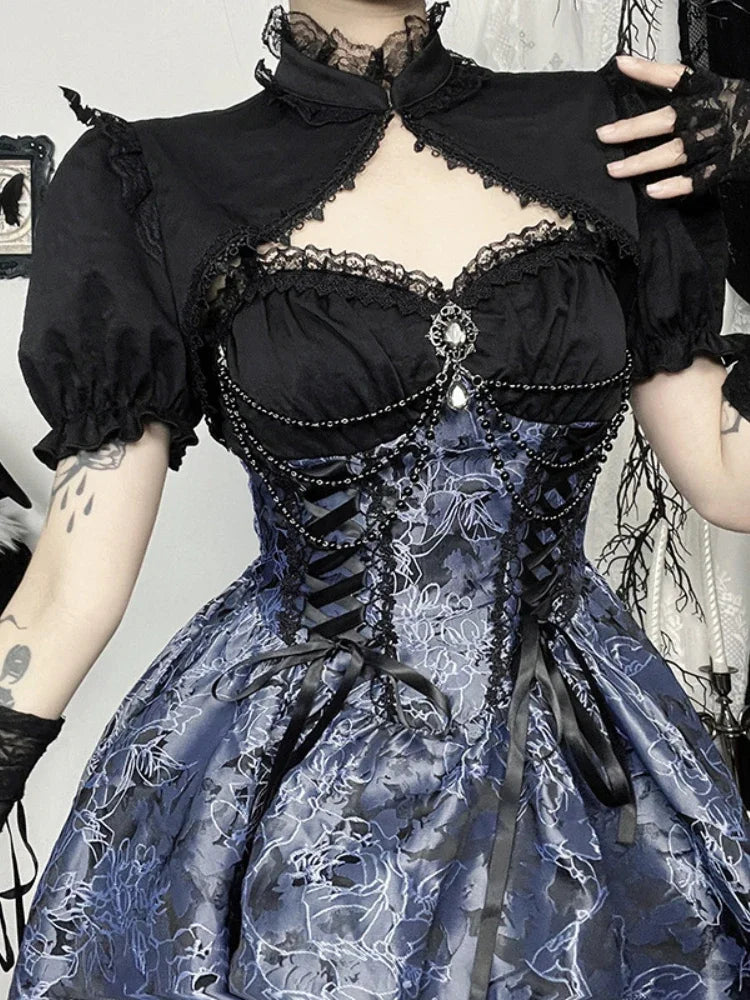 Vintage Gothic Smock Women Elegant Cute Lace Patchwork Puff Sleeve Crop Tops Aesthetic Fairy