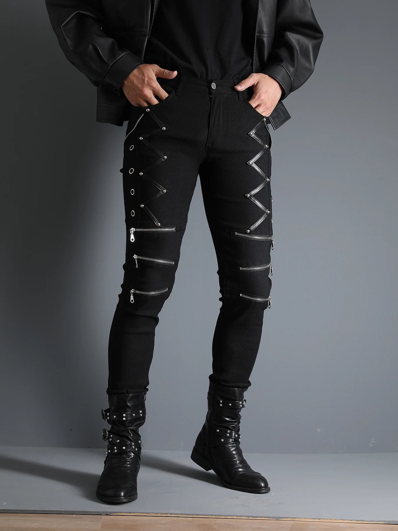 Men's Motorcycle Gothic Steampunk Zippers studded Rivet Elastic Stretchy Denim Jeans Biker Pants
