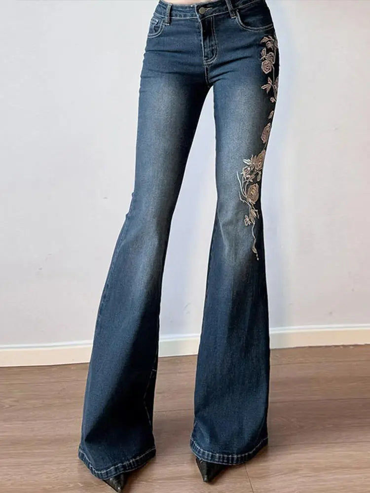 Woman's Flowers Embroidered Flared Denim Pants Slim Dragging Long Jeans