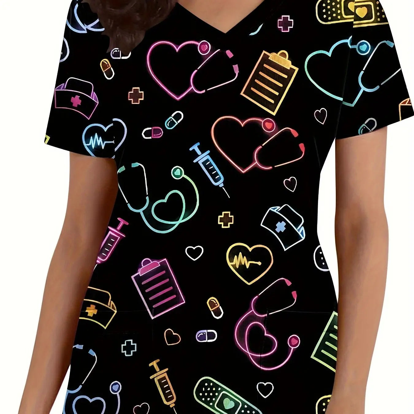 Surgical Uniforms Heart Printed V-Neck Nurses Tops Short Sleeve Patch Pocket Medical Surgical Uniforms Nursing