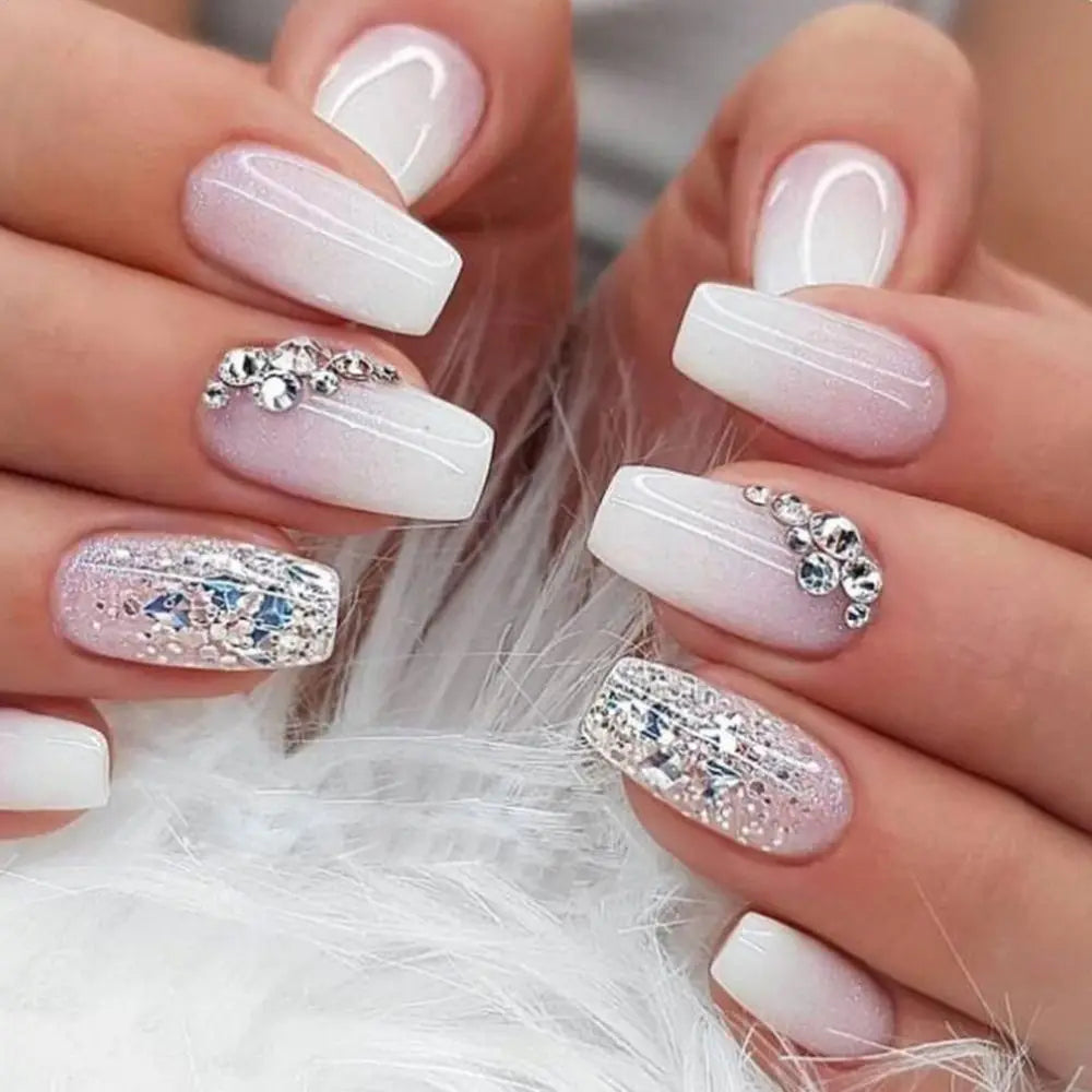 24pcs Gradient Fake Nails French Ballerina Nail Medium Coffin Press on Nails Tips AA6 AA5
