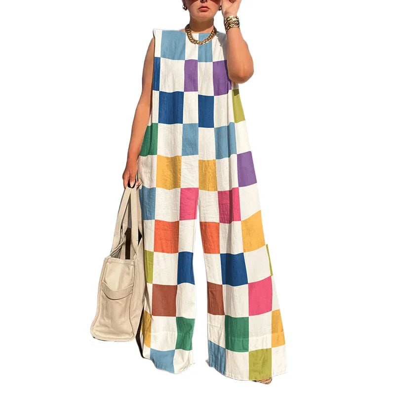 Multicolour Plaid Wide Leg Jumpsuit Sleeveless Oversize Loose Casual