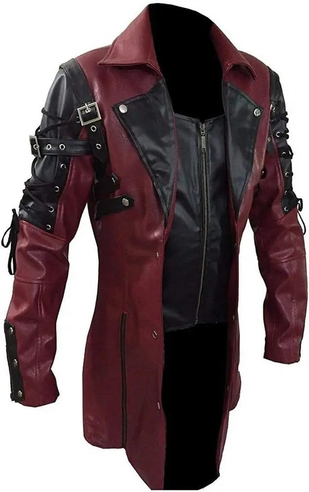 Men's Gothic Trench Coat Leather Punk Style Biker Jacket