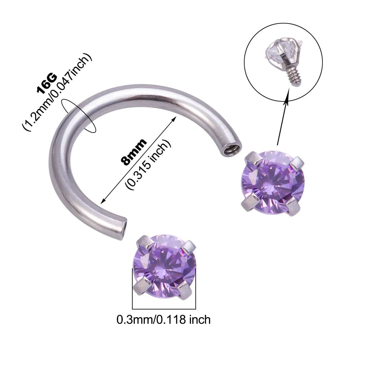 1pc Star Round Zircon Horseshoe Septum Piercing Nose Ring Hoop Eyebrow Lip Ring 8mm 16G - Fashionqueene.com