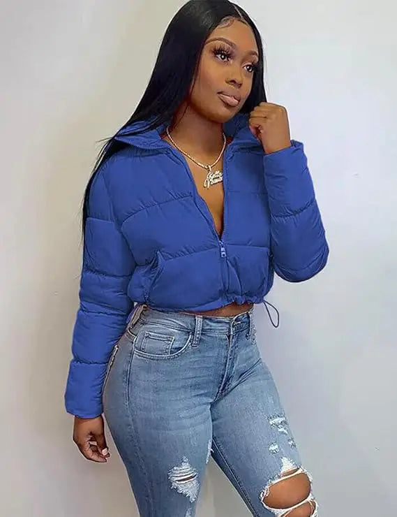 Women's Winter Cropped Puffer Jacket Long Sleeve Full Zip Lightweight Warm Quilted Down Coats