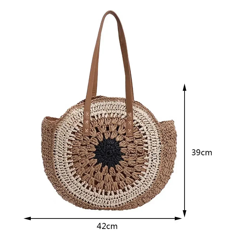 Woven Handbag Round Straw Woven Tote Bag Vacation Shoulder Bag Large Capacity