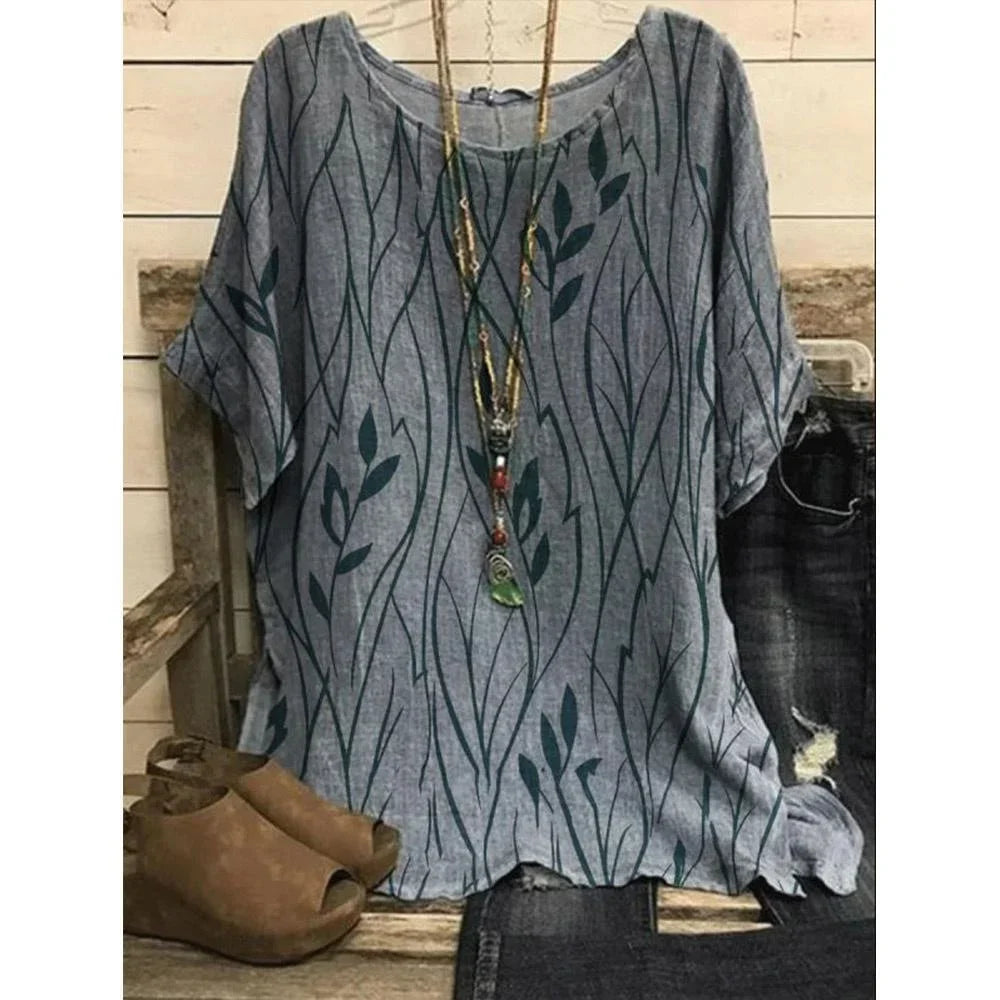 Casual Loose Leaves Print Blouse T-shirt Ladies Fashion Vintage Blouse Unique Half Sleeves
