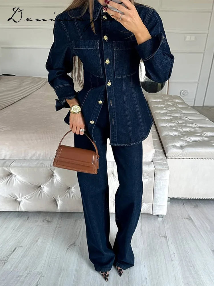 Street Denim Shirt Set Women Lapel Waist Up Long Sleeve Single Breasted Pocket Jacket Lady Jean Outfit set / M set / L pant / L set / M-set / L-pant / L-set / S-pant / S-pant / M-top / M-top / L-top / S-