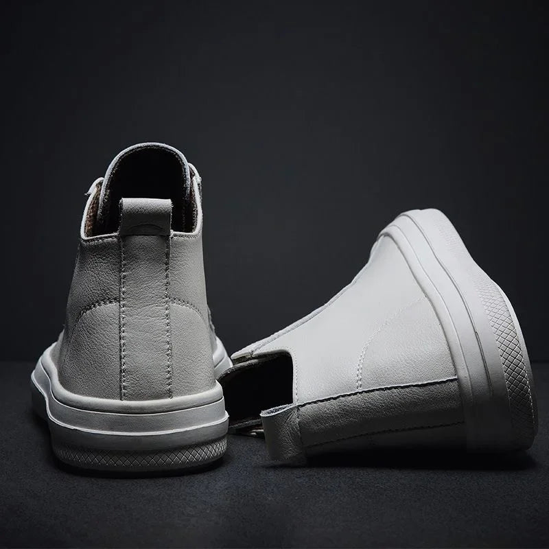 Genuine Leather Shoes Men High top Fashion Sneakers Flat Brand Black White Shoes
