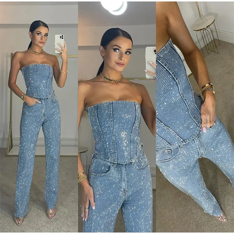 Diamond Vest Jeans Set For Women Sleveless Tube Tops High Waist Pocket Denim