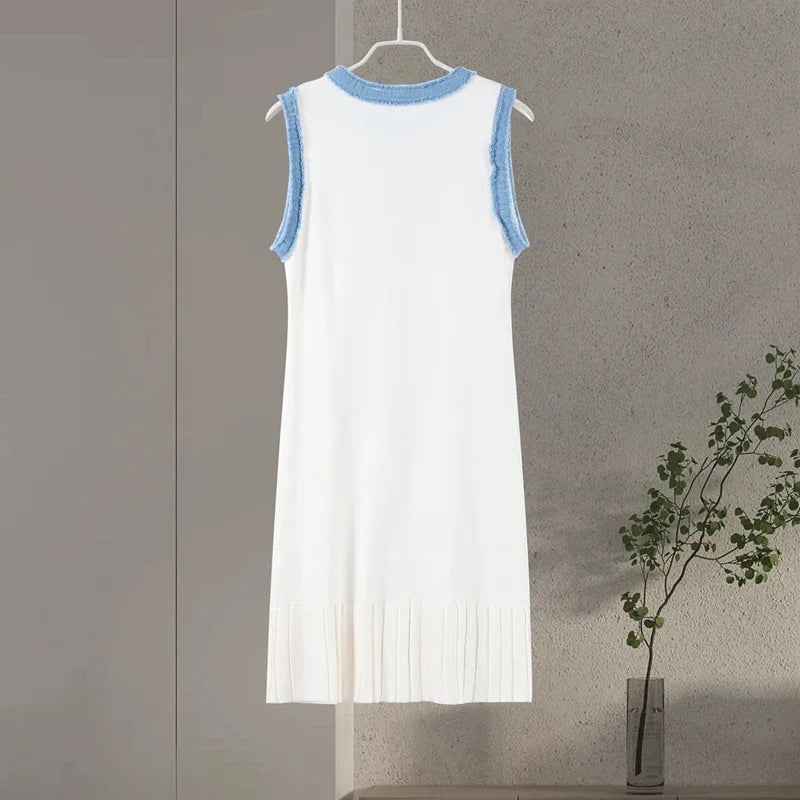 Denim Patchwork Skirts Round Collar Sleeveless Slim Dress Single-breasted Splicing