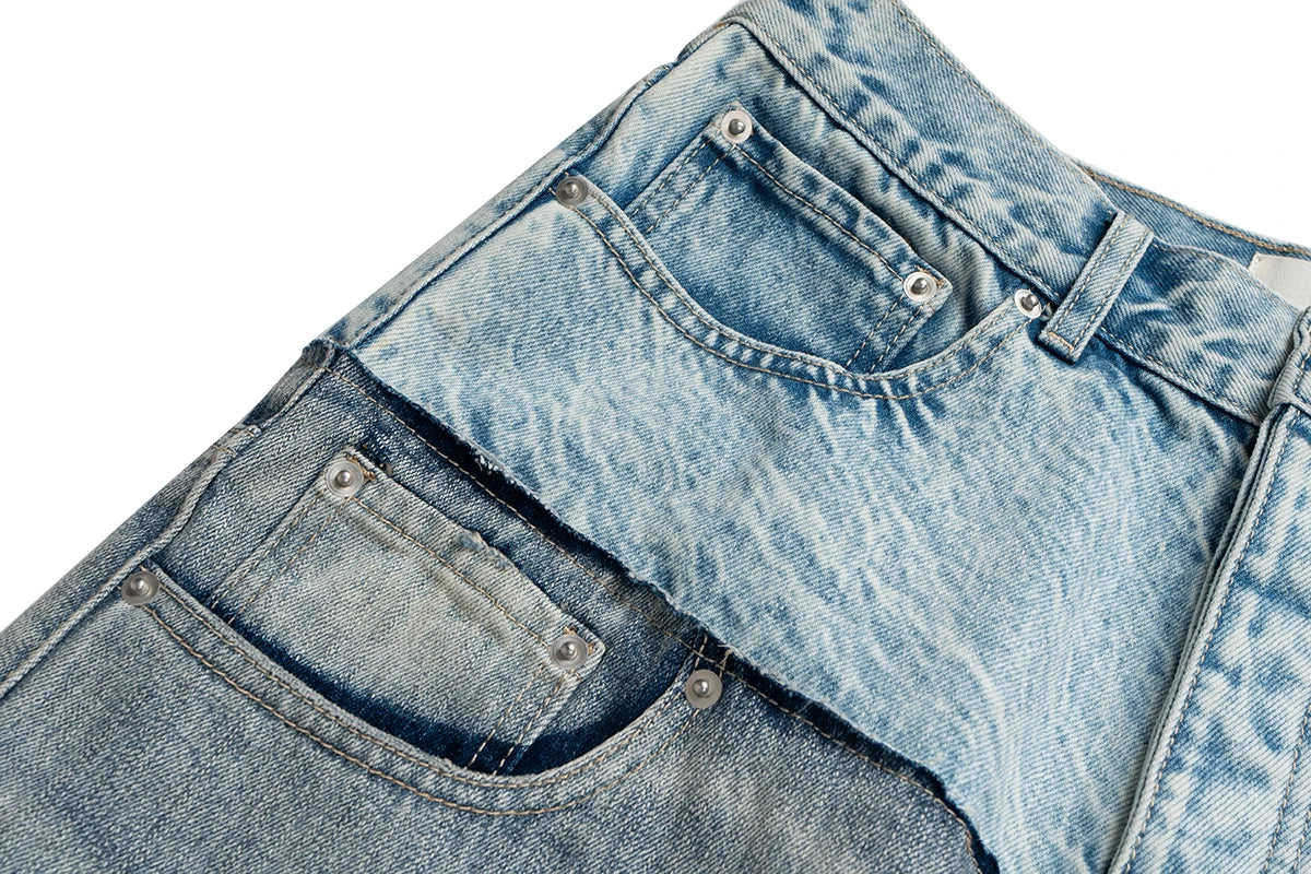 CUT-UP Double-layer Double Waist Patchwork Baggy Jeans for Men and Women Straight Casual Loose